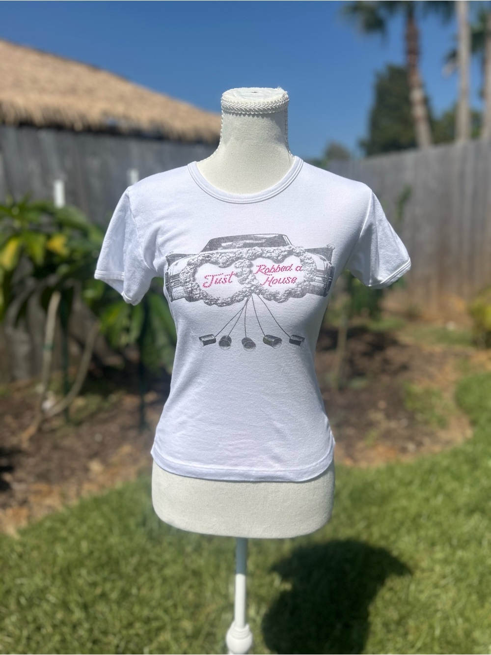 Sabrina Carpenter Just Robbed a House White Baby tee w car and rhinestone design